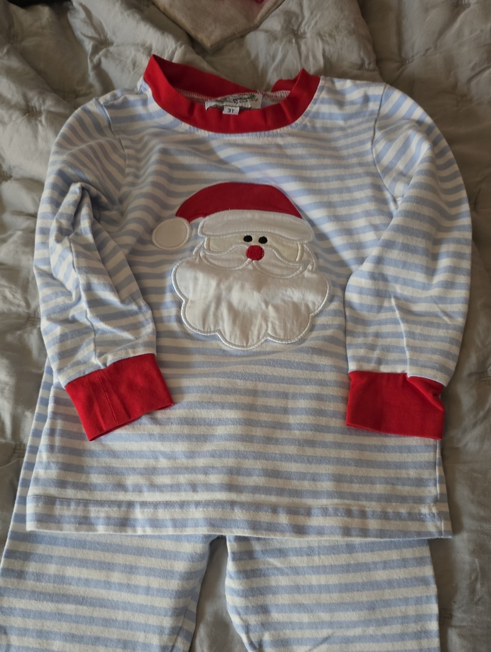Kids Blue & White Stripe Santa Pajama Set with Red Trim Designed By C&L